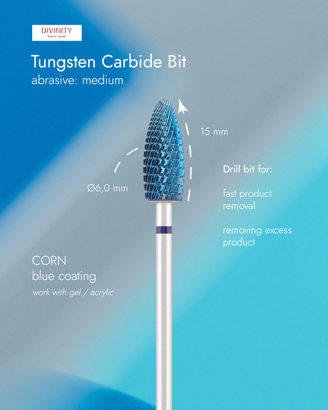 Divinity Tungsten carbide bit "corn" blue,(blue coating), L-15,0 mm., Ø6,0 mm