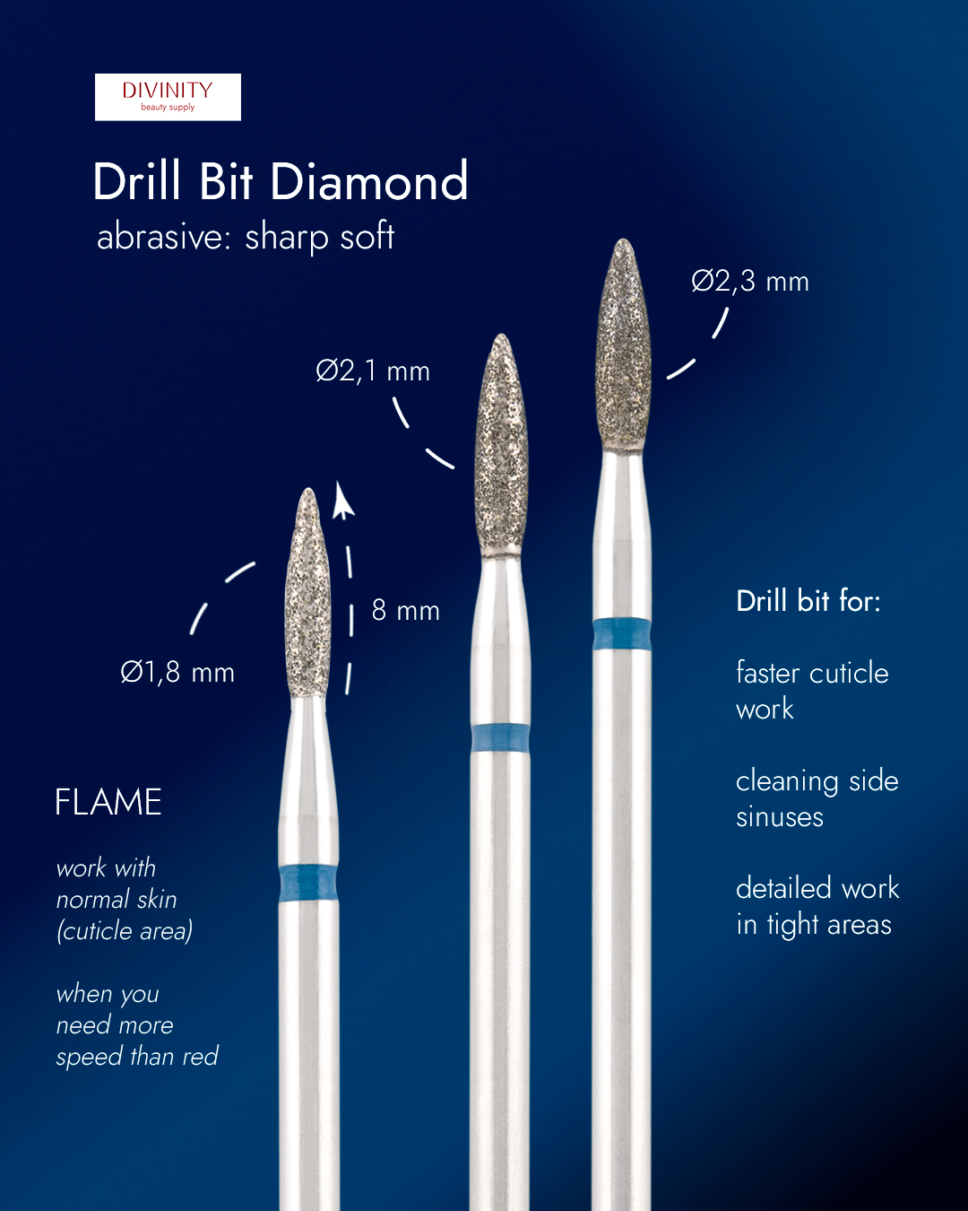 Φρέζα Διαμαντιού Divinity "Flame Sharp" Blue Ø2,3 mm – L 8,0 mm