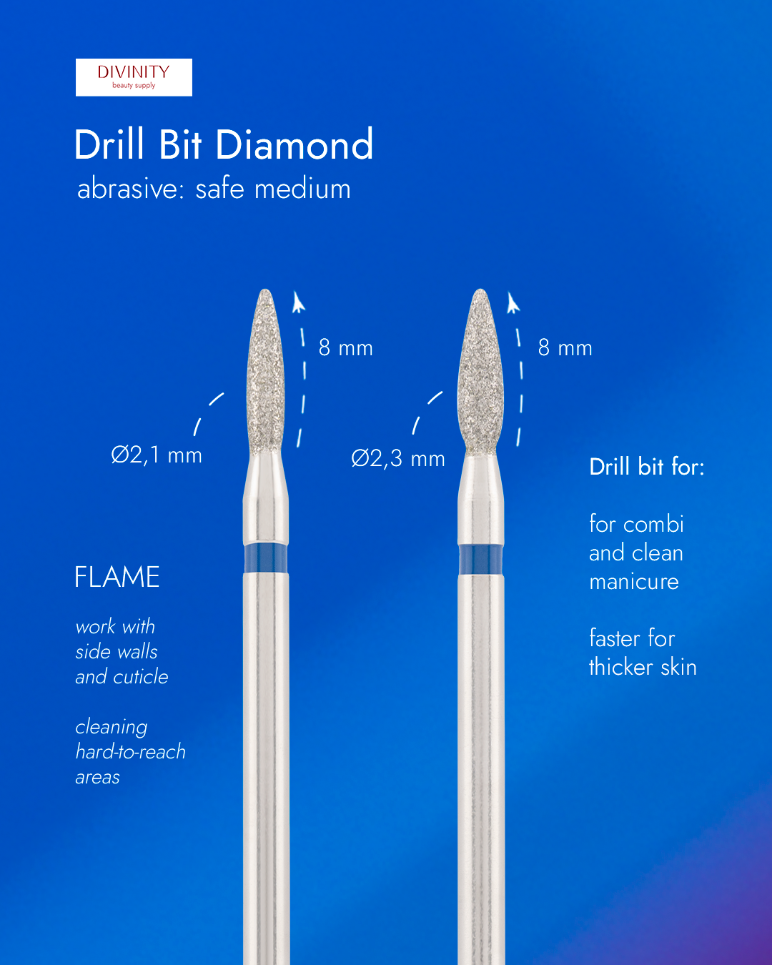 Divinity Diamond bit "flame" safe blue, L- 8,0 mm., Ø2,1 mm.