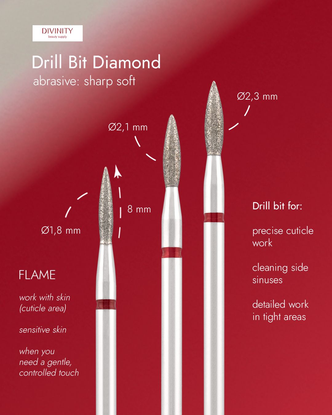 Divinity  Diamond bit "flame" sharp red, L- 8,0 mm., Ø1,8 mm.