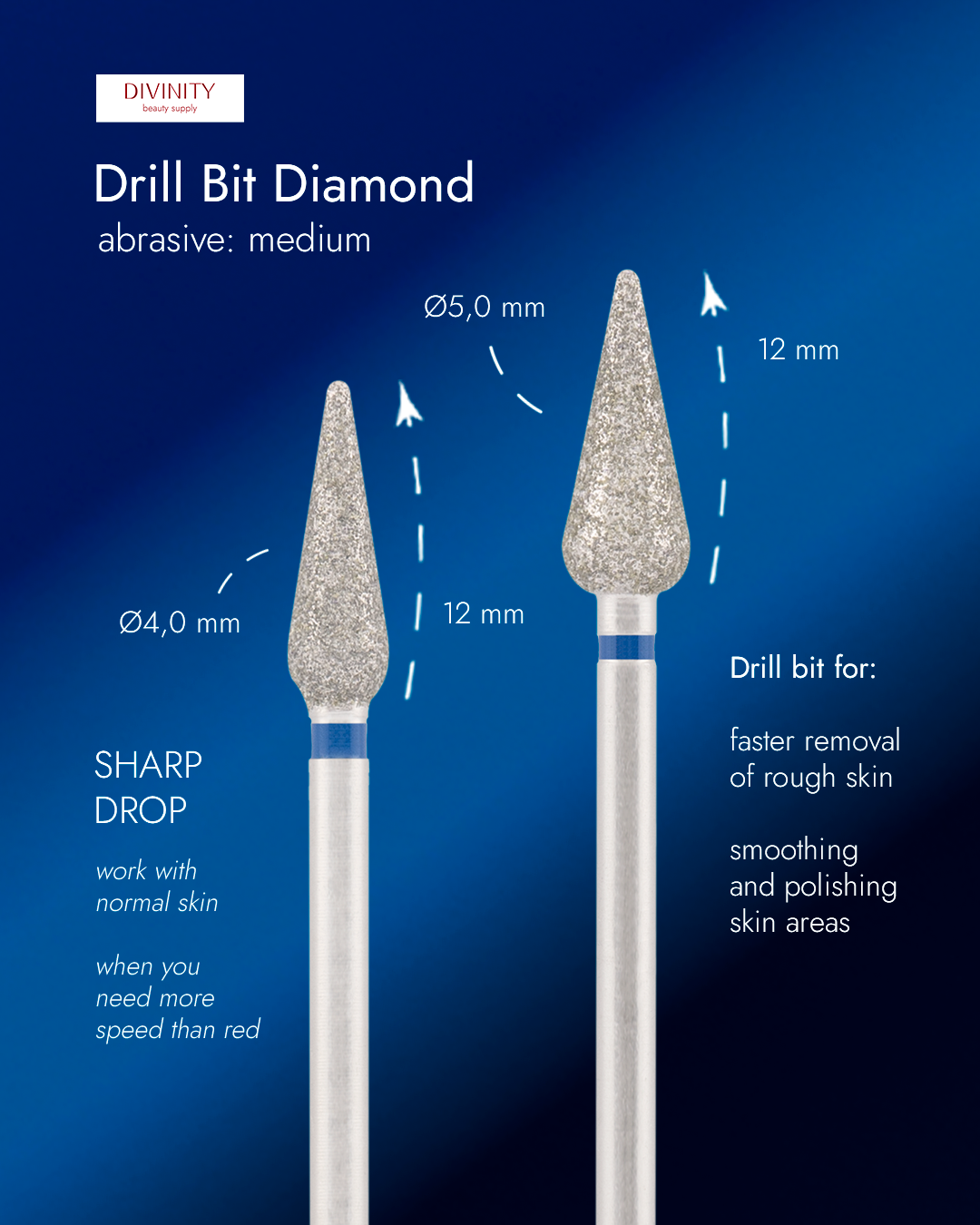 Divinity  Diamond bit "sharp drop" blue, L- 12,0 mm., Ø4,0 mm.