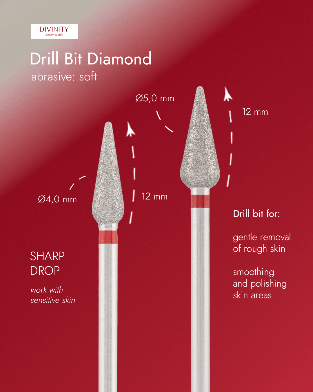 Divinity Diamond bit "sharp drop" red, L- 12,0 mm., Ø5,0 mm.