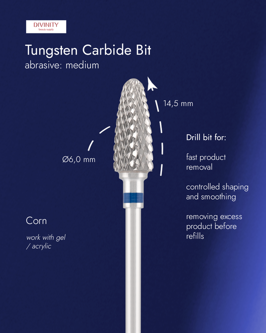 Divinity Tungsten carbide bit "corn" blue, L-14,5 mm., Ø6,0 mm