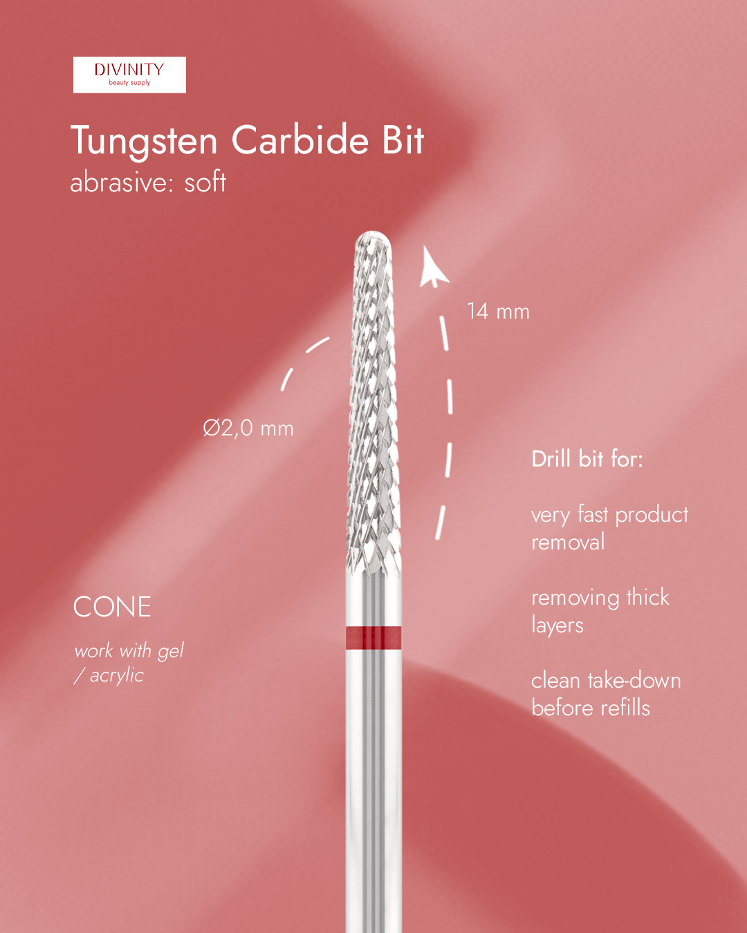 Divinity Tungsten Carbide Bit "Cone" Red Ø2.0 mm – L 14.0 mm